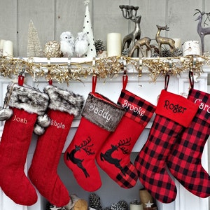 Buffalo Plaid Christmas Stockings - Personalized - Reindeer Deer Red Black Faux Fur Cable Knit Buffalo Check Decor Family 2025