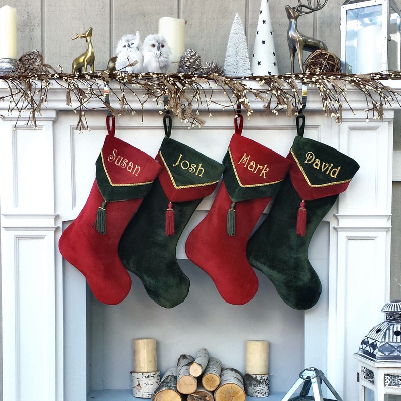 Designer Olive Velvet Christmas Stockings V-Cuff Tassel Custom Embroidered with Names image 4