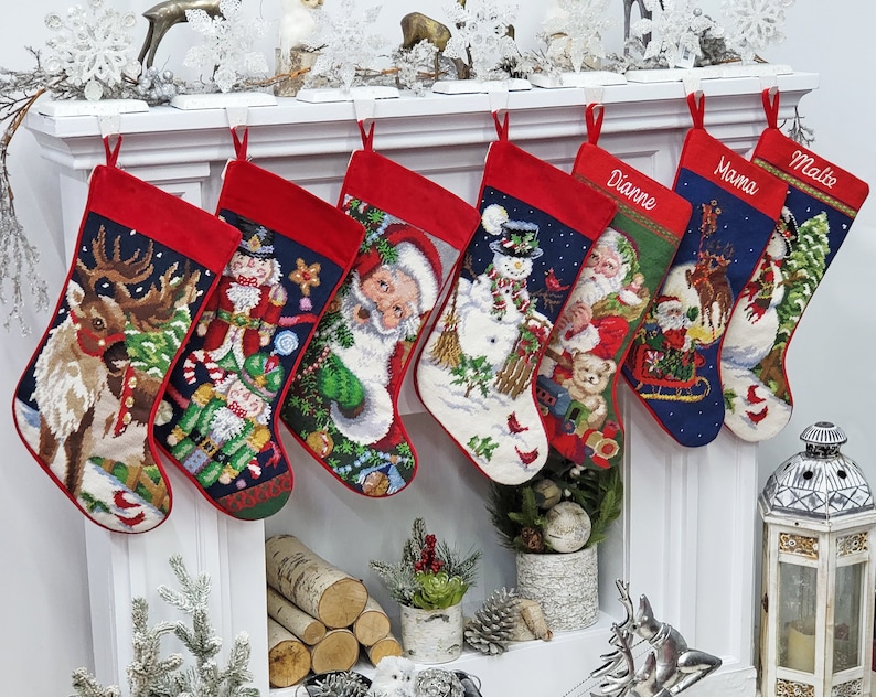 Needlepoint Christmas Stockings Personalized Santa Nutcracker Reindeer Old World Finished Embroidered Stockings with Names image 7