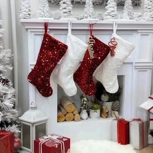 Sequin Personalized Christmas Stockings -18&quot; Luxe Sequin Red and White - Christmas Stocking Embroidered with Names or Tags - Designer Luxe
