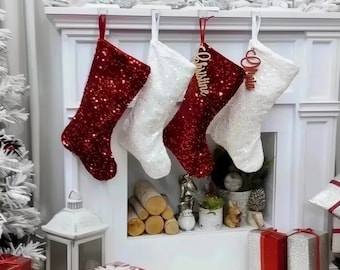 Sequin Personalized Christmas Stockings -18" Luxe Sequin Red and White - Christmas Stocking Embroidered with Names or Tags - Designer Luxe