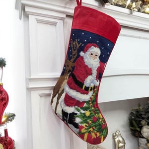 Wool Needlepoint Christmas Stocking Santa Reindeer Christmas Tree Old World Finished Heirloom for Family Heirloom Wool Hand Made