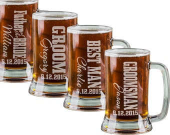 16 Oz Groomsmen Beer Mugs Engraved Wedding Party Groomsman Best Man Groom Father of the Bride Gift Bulk Discounts Glass Beer Stein Etched