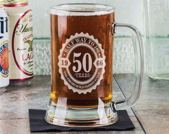 50th Birthday Half way to 100 16Oz Beer Stein Mug Engraved Gift Idea Etched Daddy Pop Birthday Present Uncle for Him Funny Bifthday Gift
