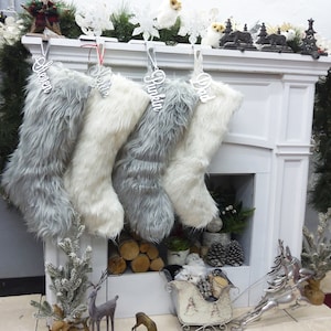 23&quot; Faux Fur Christmas Stockings  White Ivory Grey Long Fur Personalized with Cutout Wood Name Tag Lodge Woodland Custom Xmas Decor