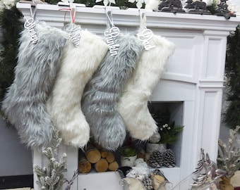 23" Faux Fur Christmas Stockings  White Ivory Grey Long Fur Personalized with Cutout Wood Name Tag Lodge Woodland Custom Xmas Decor