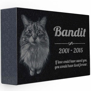 May include: Black granite pet memorial with a photo of a cat and the inscription "Bandit 2001-2015" and the text "If love could have saved you, you would have lived forever."