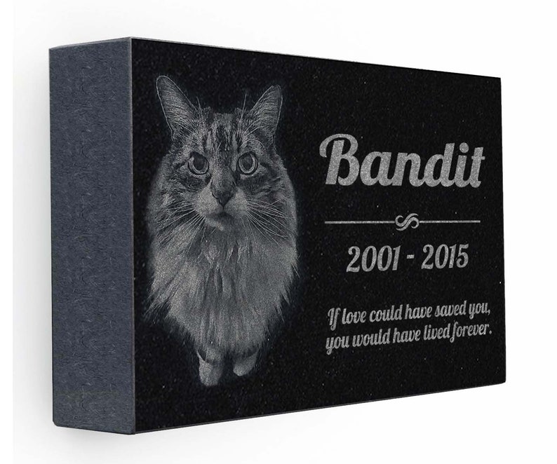 May include: Black granite pet memorial with a photo of a cat and the inscription "Bandit 2001-2015" and the text "If love could have saved you, you would have lived forever."