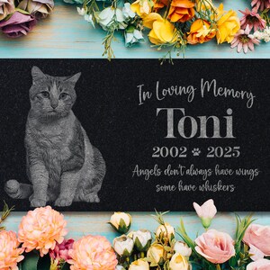 May include: Black granite pet memorial with a gray cat silhouette, the text "In Loving Memory Toni 2002 2025 Angels don't always have wings some have whiskers"