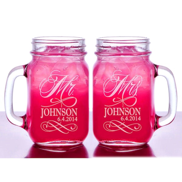 Mr and Mrs Personalized Wedding Mason Jars Set of 2 Engraved His Hers Weddding Gift Favor Idea Newlyweds Jar Handle Mug Glasses