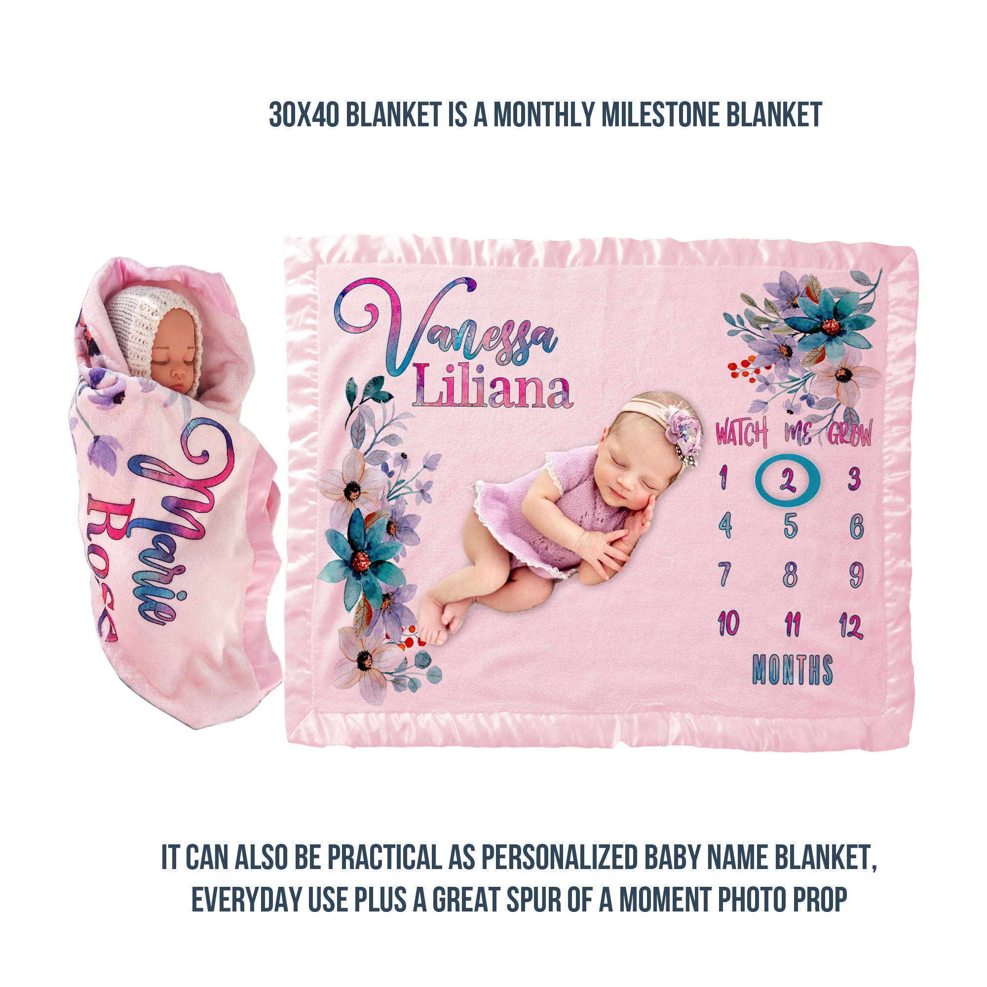 Personalize It Milestone Baby Blanket 30 X 40 Custom Baby Girl Name Pink Blue 40x60 Large for Twin Girls in Pink Floral Milestone Etsy