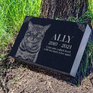 May include: Black granite pet memorial with a photo of a tabby cat and the inscription "ALLY 2010-2024 A tiny paw, a giant heart, a life too short, a love apart."