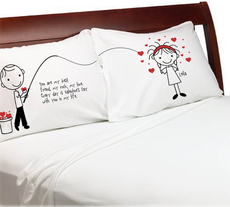 Cute Fishing for Love Boyfriend Girlfriend Valentines Day Gift Personalized Pillow Cover Couples Anniversary Stick People Bf Gf image 1