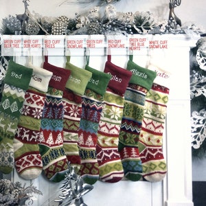 Personalized Knitted Christmas Stockings Green White Red Intarsia Fair Isle Knit Christmas Decor Deer Snowflakes Extra Large imagem 8