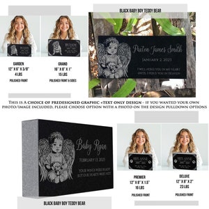 May include: Black granite memorial stones with various sizes and designs. The stones feature a baby angel with wings holding a teddy bear. The text on the stones includes names, dates, and messages. The stones are available in Garden, Grand, Premier, and Deluxe sizes.