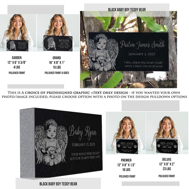 May include: Black granite memorial stones with various sizes and designs. The stones feature a baby angel with wings holding a teddy bear. The text on the stones includes names, dates, and messages. The stones are available in Garden, Grand, Premier, and Deluxe sizes.