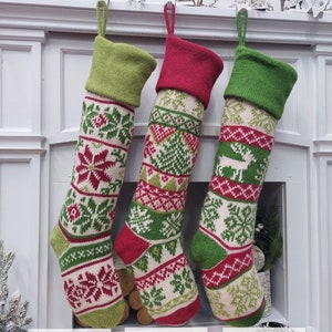 Personalized Knitted Christmas Stockings Green White Red Intarsia Fair Isle Knit Christmas Decor Deer Snowflakes Extra Large image 3
