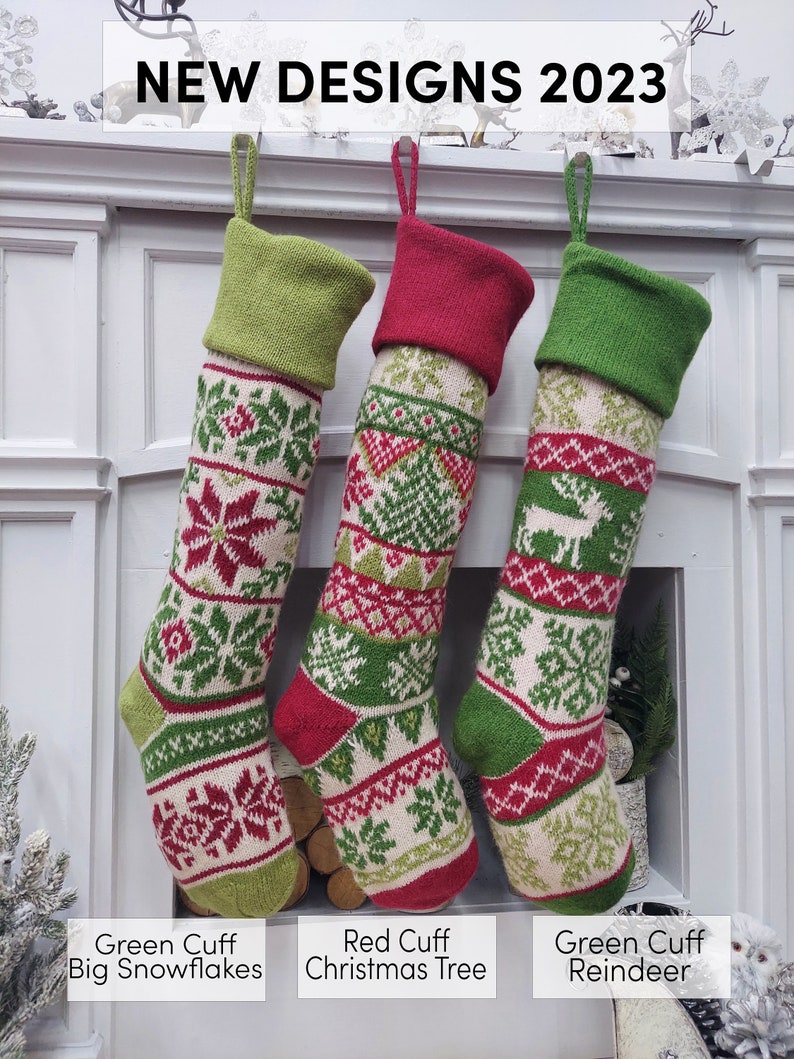 Personalized Knitted Christmas Stockings Green White Red Intarsia Fair Isle Knit Christmas Decor Deer Snowflakes Extra Large image 3