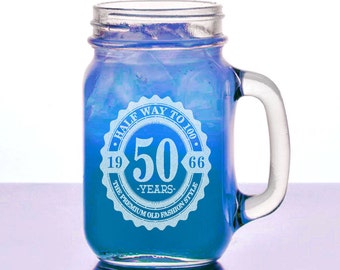 Half Way To 100 50th Birthday Gift for Him Her Mason Jar Anniversary 50 Years Vintage with Date Design Mug Present for Husband, Wife