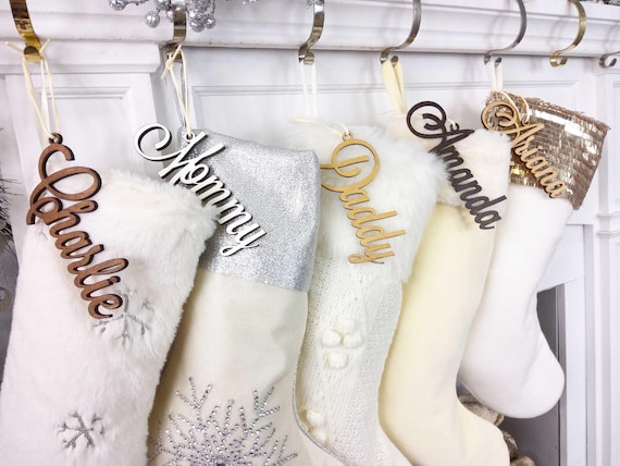 Christmas stocking name tags personalized stocking wood letters custom gold white name tags christmas rustic country farmhouse cutout modern