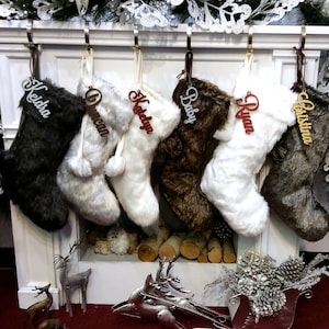 20" 21" 23" Faux Fur Christmas Stockings Ivory Brown Grey Personalized with Cutout Wood Name Tag PomPoms Lodge Woodland Custom Xmas Decor
