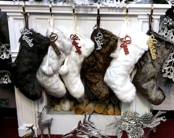 20" 21" 23" Faux Fur Christmas Stockings Ivory Brown Grey Personalized with Cutout Wood Name Tag PomPoms Lodge Woodland Custom Xmas Decor