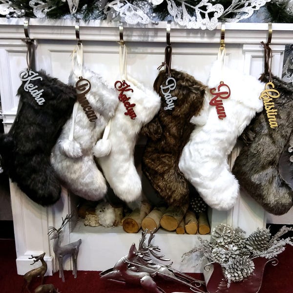 20" 21" 23" Faux Fur Christmas Stockings Ivory Brown Grey Personalized with Cutout Wood Name Tag PomPoms Lodge Woodland Custom Xmas Decor