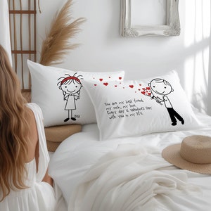 Valentines Day Gift Cute Heart Gift Pillowcases for Boyfriend Girlfriend Couple Anniversary Personalized Stick People Love Valentine's image 1