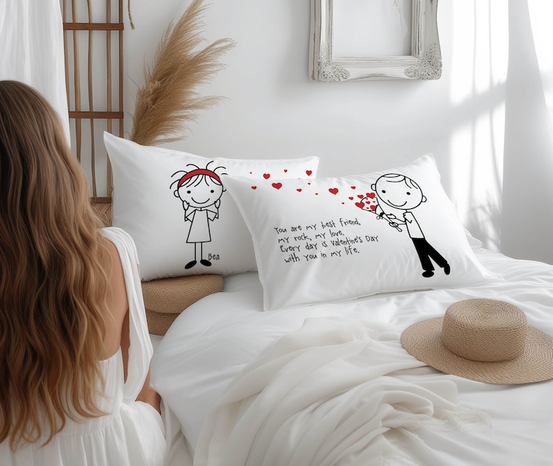 Valentines Day Gift Cute Heart Gift Pillowcases for Boyfriend Girlfriend Couple Anniversary Personalized Stick People Love Valentine's image 1