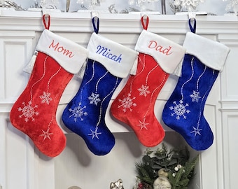 Personalized Christmas Stockings Snowflake Bling Red White Silver Blue