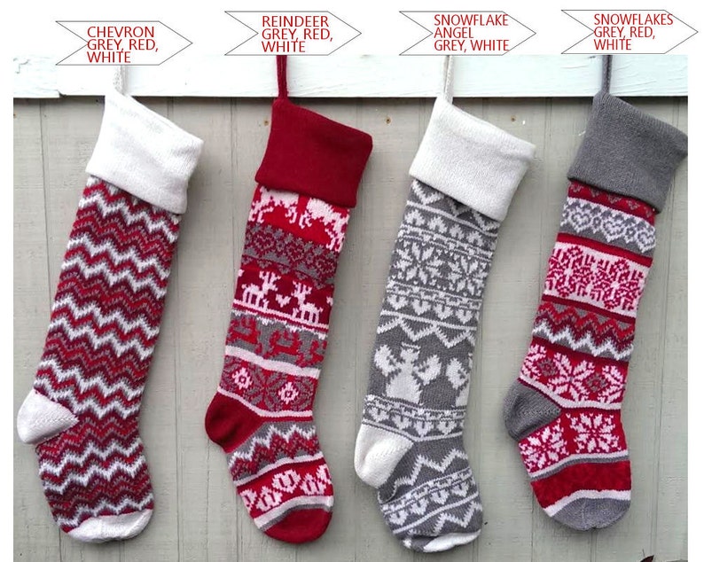 Personalized Large 28 Knitted Christmas Stockings Red Grey White Intarsia Fair Isle Nordic Modern Christmas Stockings for Holidays image 2