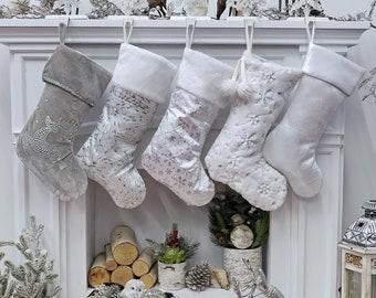 Personalized Elegant Silver White Christmas Stockings - 20" Silver Glitter or Sequin and Satin Velvet Christmas Stocking Monogram Names