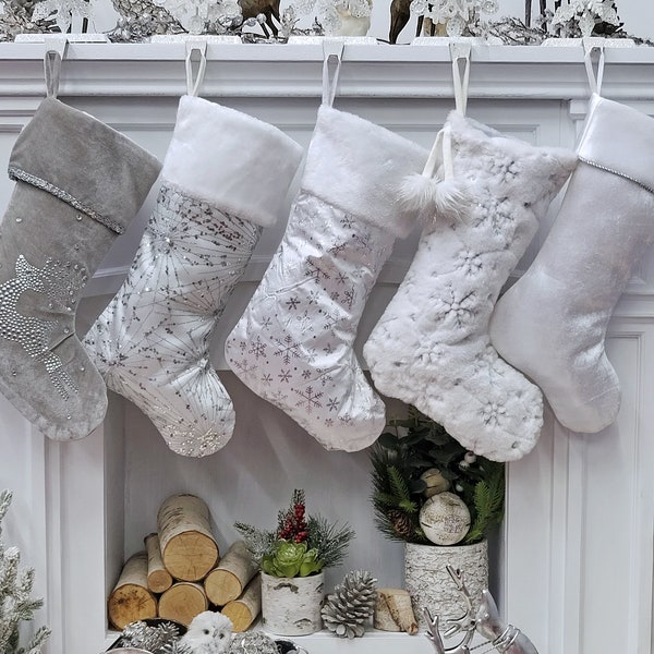 Personalized Elegant Silver White Christmas Stockings - 20" Silver Glitter or Sequin and Satin Velvet Christmas Stocking Monogram Names