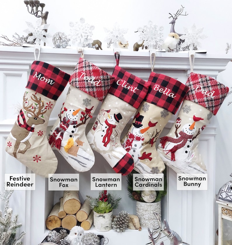 Winter Snowman & Festive Reindeer Christmas Stockings Buffalo Plaid Bunny Cardinals Fox Woodland Animals Personalized Embroidery Name Tag image 3