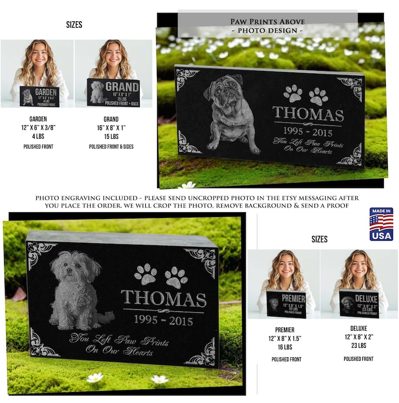 Personalized Dog Memorial Cat Memorial Granite Stone Pet Grave Marker Engraved In Memory of Headstone Custom Engraved Garden Memorial Stone Paws Above + Photo