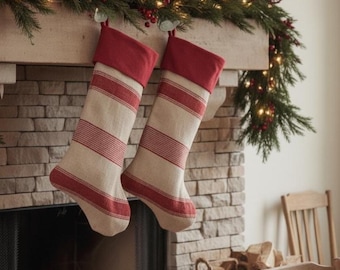 Banded Burlap Natural Fiber Christmas Stocking Natural Burlap Jute Cotton Farmhouse Country Style Decor Personalized Name Grain Sack Stripe