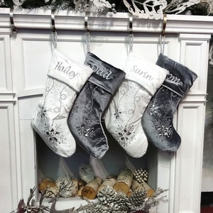 DISCONTINUED Personalized Christmas Stockings - Silver White Velvet 20" with ICE crystal gems Christmas Stocking Embroidered  Names Velvet