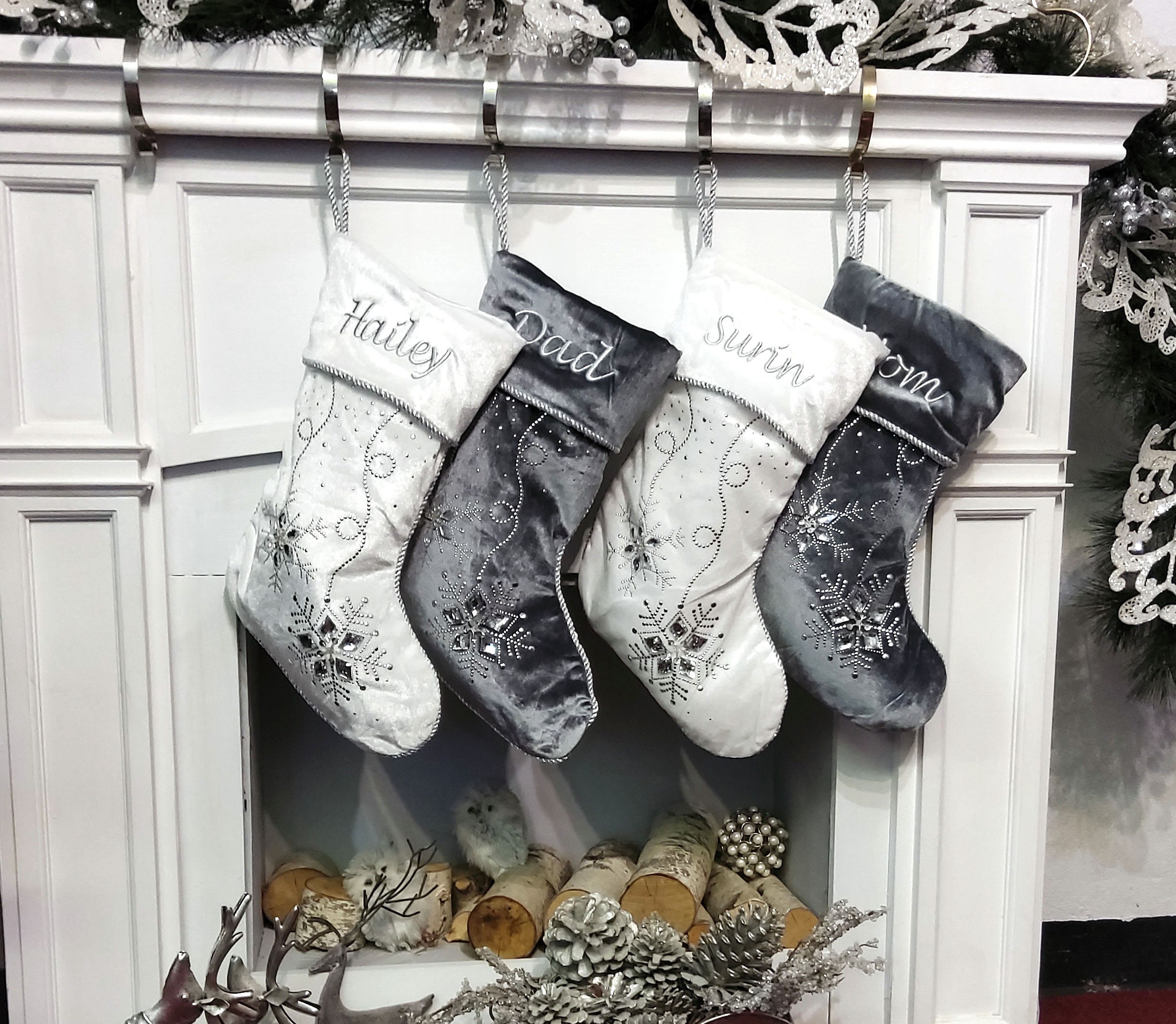 DISCONTINUED Personalized Christmas Stockings Silver White Velvet