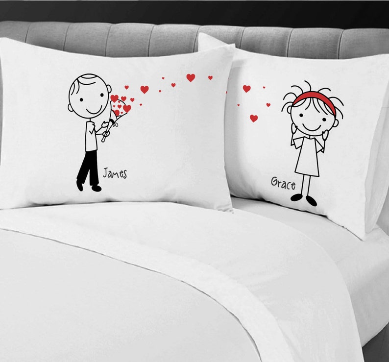 Valentines Day Gift Cute Heart Gift Pillowcases for Boyfriend Girlfriend Couple Anniversary Personalized Stick People Love Valentine's image 6