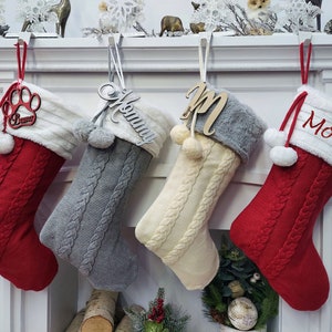 Cable Knit Personalized Christmas Stockings - Plush Top & Pom Poms Name Embroidered - Red White Grey Bone Xmas Decor Family 2023