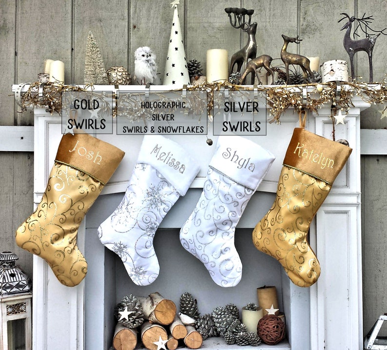 Personalized Elegant Silver White Christmas Stockings Etsy