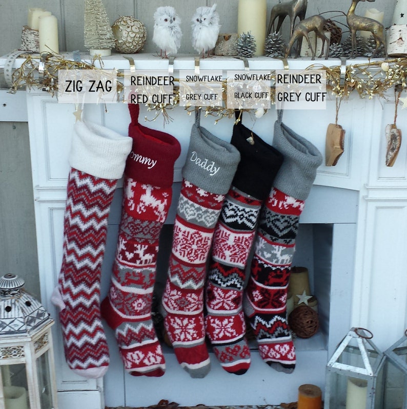 Personalized Large 28 Knitted Christmas Stockings Red Grey White Intarsia Fair Isle Nordic Modern Christmas Stockings for Holidays image 3