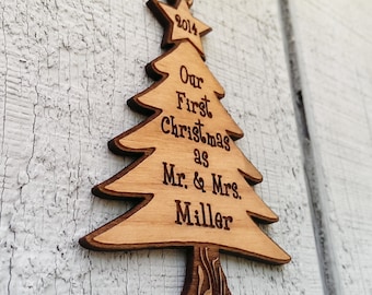 Our First Christmas Tree Ornament as Mr and Mrs Laser Wood Engraved Personalized for him her perfect gift for newlywed just married couple.