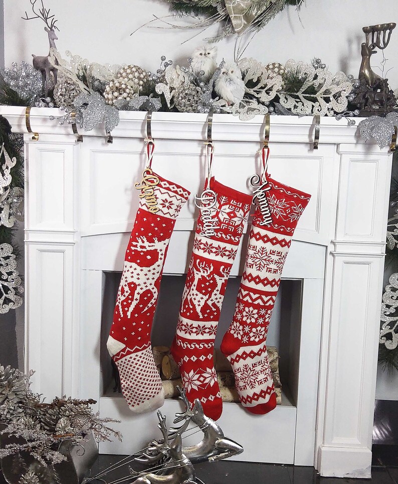 Knit Christmas Stockings Red White Reindeer or Snowflake Design Scandinavian Nordic Modern Holiday Theme Minimalist Look Custom Long image 7