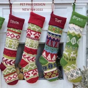 Personalized Knitted Christmas Stockings Green White Red Intarsia Fair Isle Knit Christmas Decor Deer Snowflakes Extra Large Pet Paw