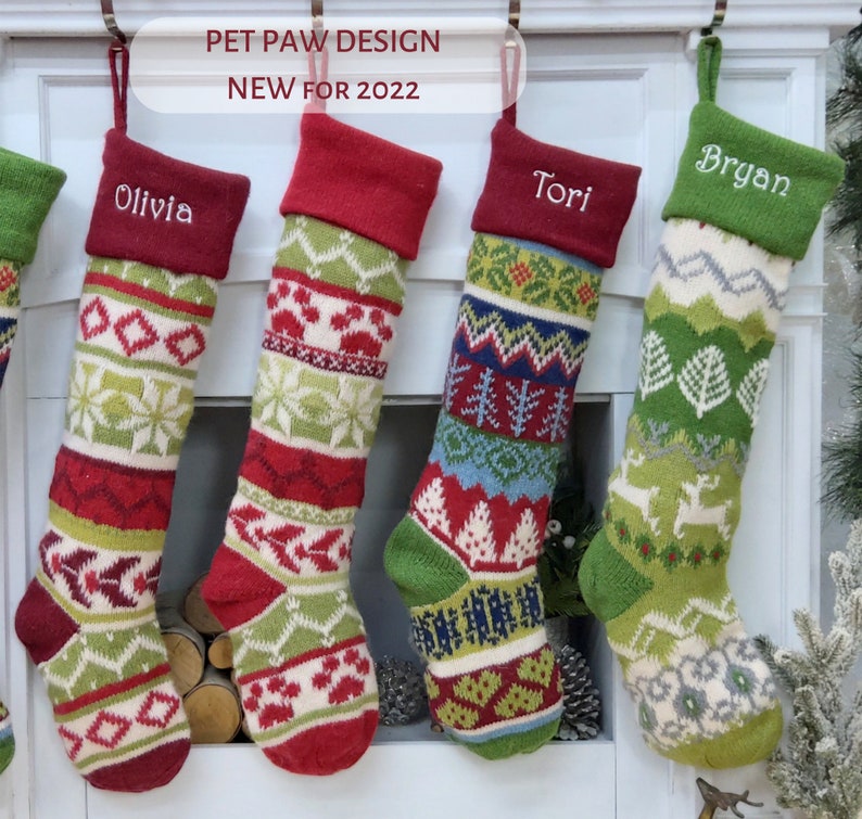 Personalized Knitted Christmas Stockings Green White Red Intarsia Fair Isle Knit Christmas Decor Deer Snowflakes Extra Large imagem 6