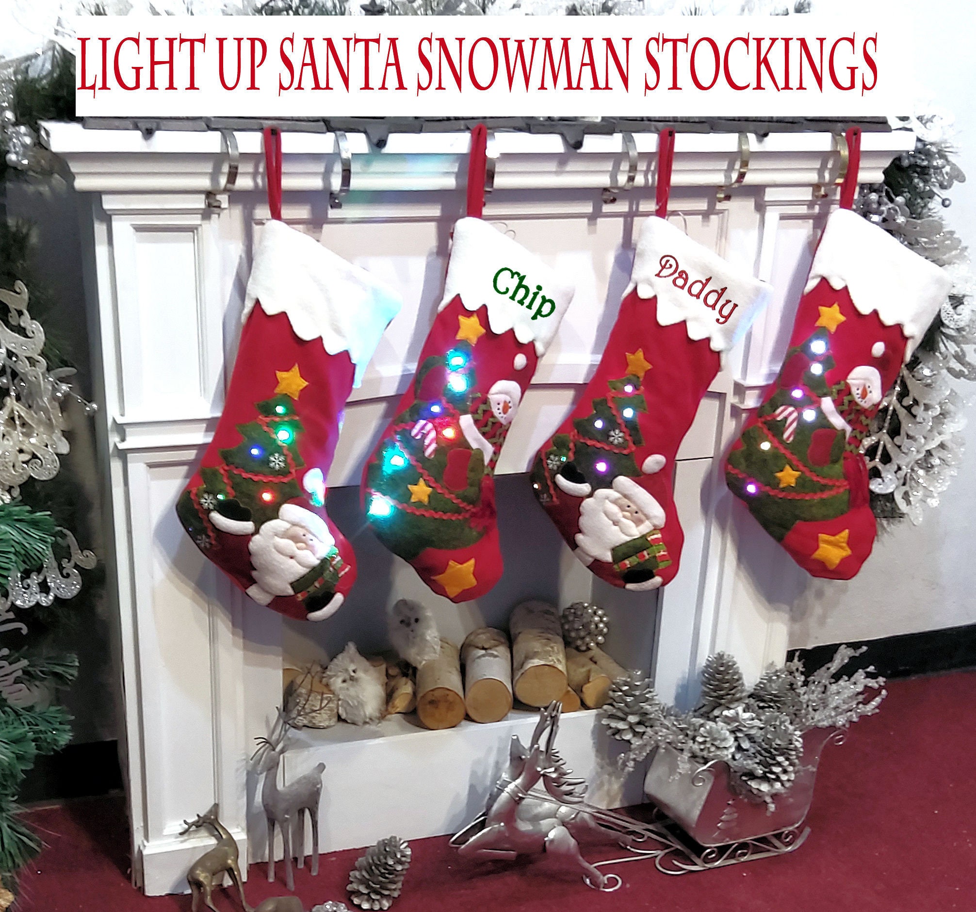 Light Up Snowman Santa Personalized Christmas Stockings 3D Kids Christmas Embroidered with Names
