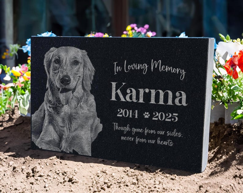 May include: Black granite pet memorial with a photo of a golden retriever. The inscription reads "In Loving Memory Karma 2014 2025 Though gone from our sides, never from our hearts."