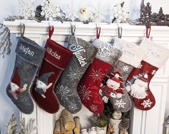 Bas de Noël personnalisés en feutre gris bordeaux Plaid de Noël gnomes au point fait main père Noël bonhomme de neige flocon de neige décoration de famille enfants adultes