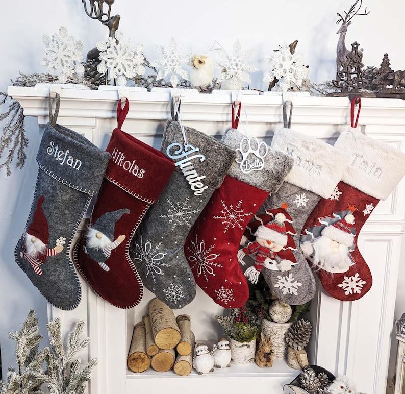 Felt Grey Burgundy Personalized Christmas Stockings Christmas Plaid Handmade Stitch Gnomes Santa Snowman Snowflake Family Decor Kids Adults
